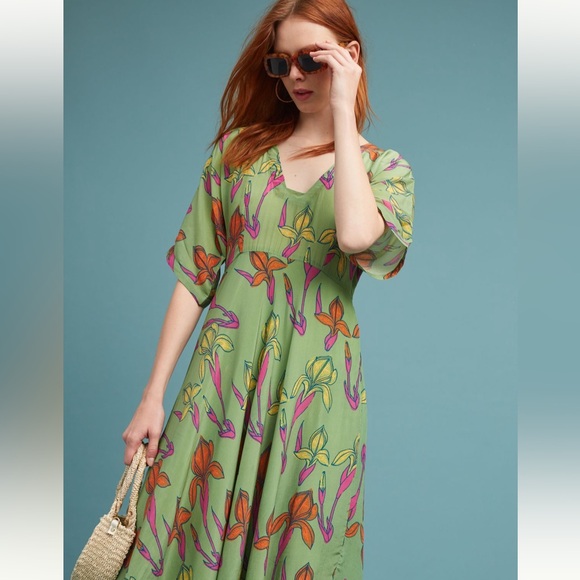green emerald velvet dress Farm Rio x Anthropologie Off-The-Shoulder Tiered Floral Midi Dress